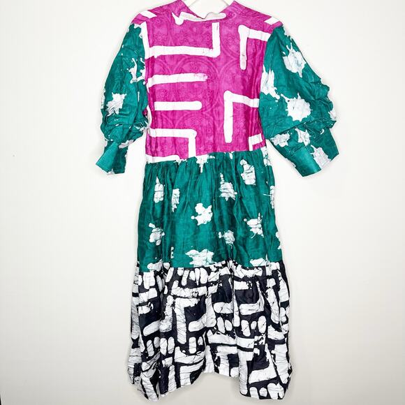 Busayo Tayo Mixed Batik Print Tie Dye Cotton Midi Puff Sleeve Dress Large - Picture 3 of 7